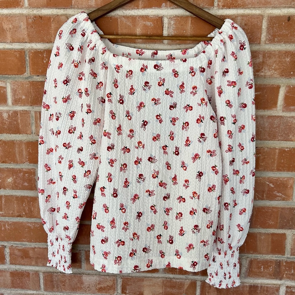 S LOFT White Floral Smocked Blouse